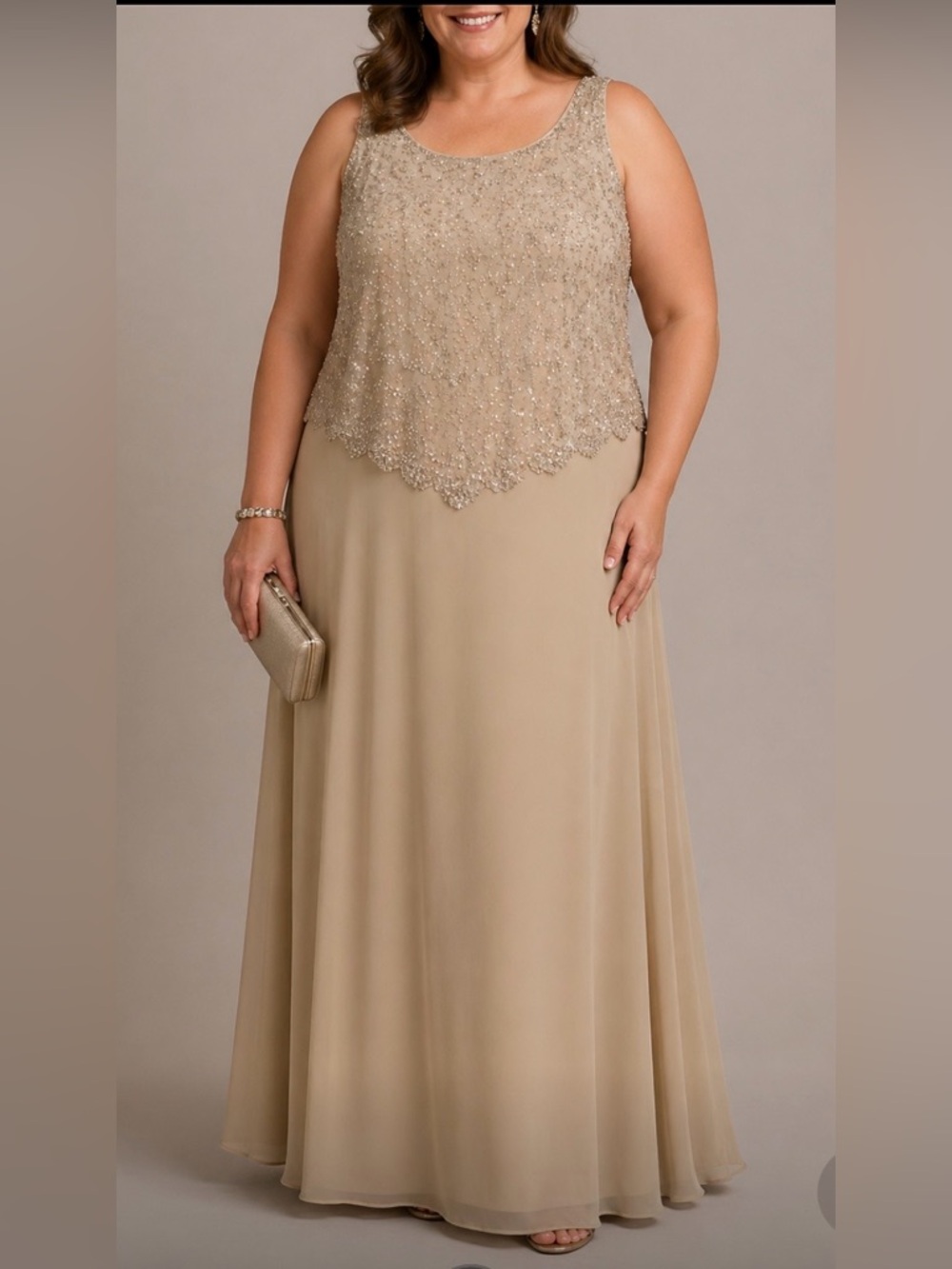 J Kara Beaded Sleeveless Gown Champagne 16W New With Tags Formal Evening Dress